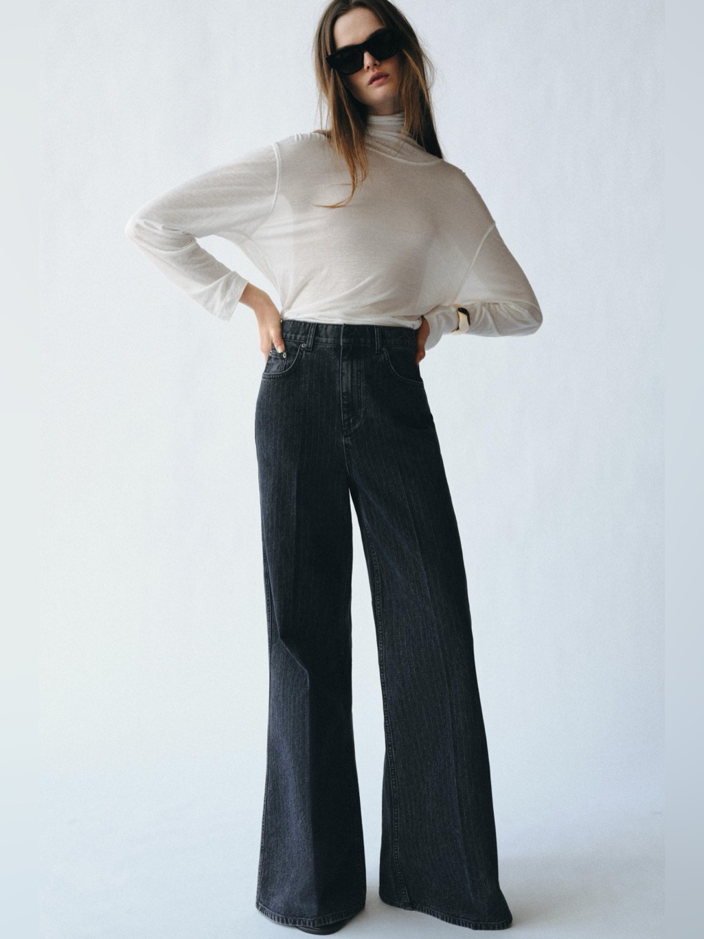Zara Pin Striped Dark Blue Jeans Wide Leg